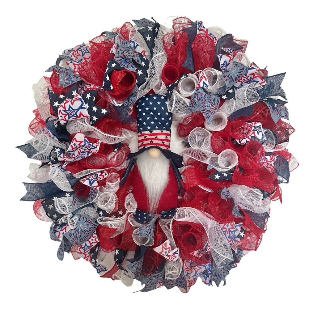 Patriotic Gnome Wreath Red White Blue Americana Summer Door Decor 27 inch